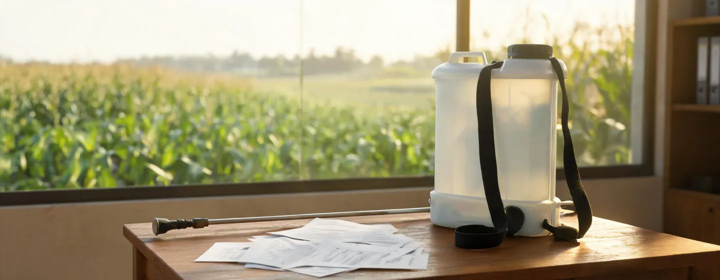 Procurement review desk with backpack sprayer documents